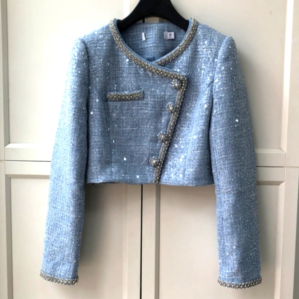 Self-Portrait BLUE SEQUIN BOUCLE CROPPED JACKET